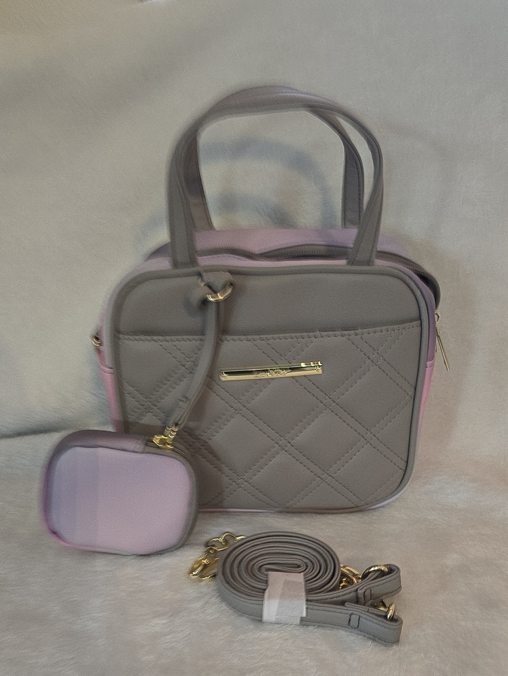 Quilted Gray & Lilac Shoulder Bag with Coin Pouch